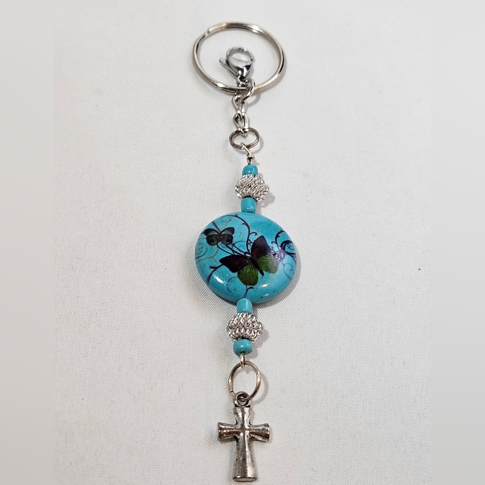 Hand Crafted Turquoise Butterfly & Cross Keychain Charm